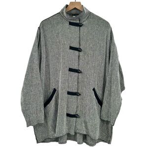 Tribe Hemp Jacket Lightweight Mandarin Collar Lagenlook Tweed Gray Black | Large